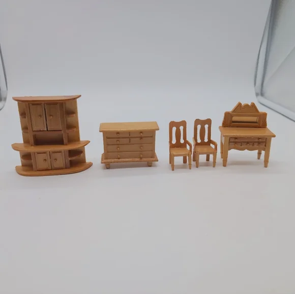 Miniature Wooden Dollhouse Furniture Lot Cabinet, Dresser, Vanity Chairs - Picture 2 of 4